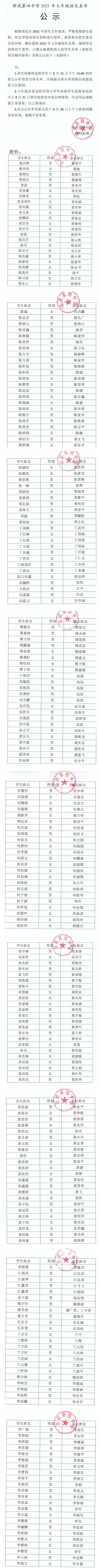 邵武第四中學2021年七年級招生名單公示