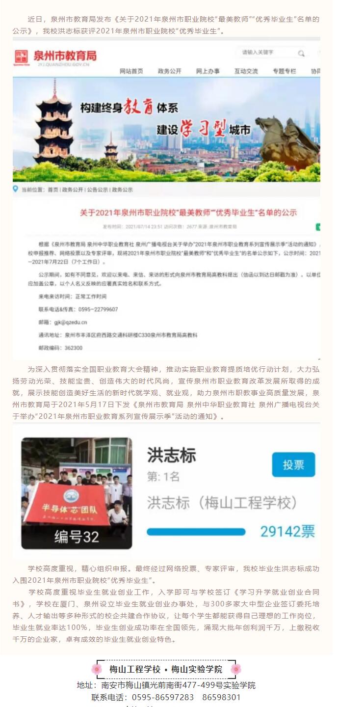 梅山工程學校畢業生洪志標獲評2021年泉州市職業院校“優秀畢業生”