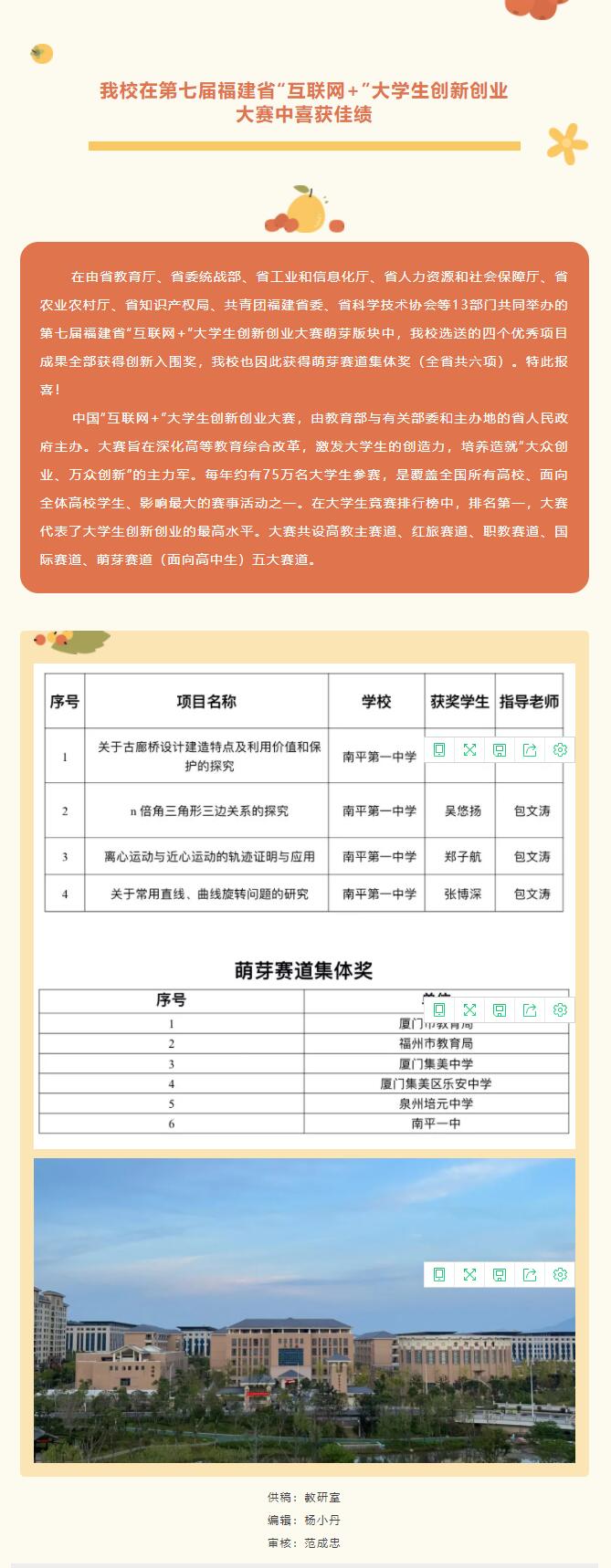南平一中在第七屆福建省“互聯網+”大學生創新創業大賽中喜獲佳績