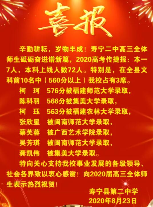 壽寧縣第二中學2020屆高考喜報(II)