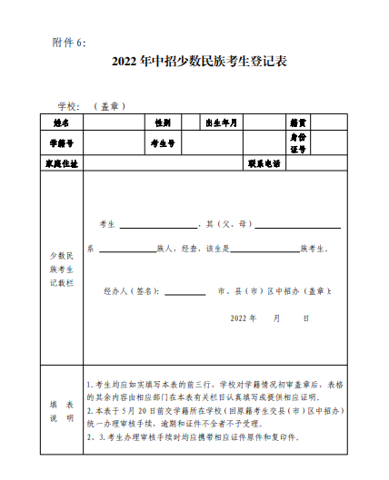 2022年中招少數民族考生登記表