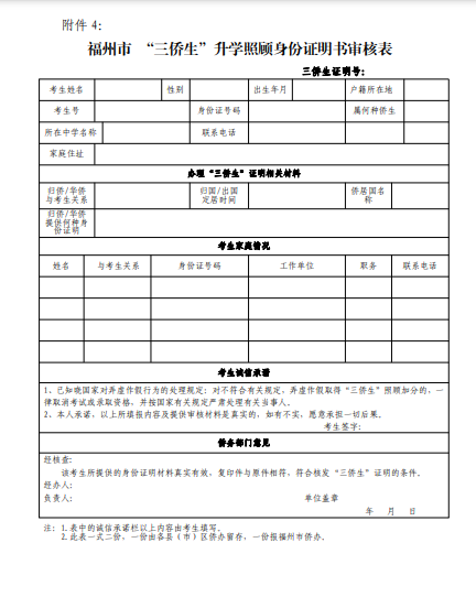 福州市 “三僑生”升學(xué)照顧身份證明書審核表