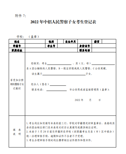 2022年中招人民警察子女考生登記表